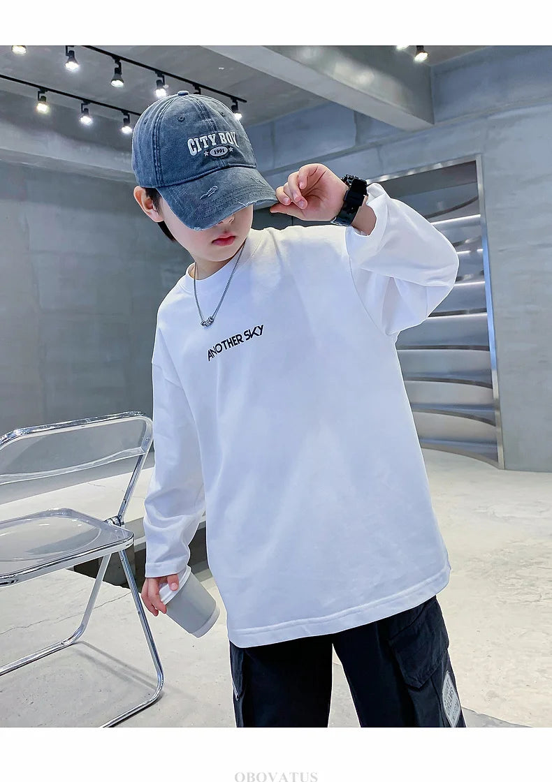 Nova primavera crianças manga longa camiseta de algodão para meninos solto estilo breve tshirt adolescentes crianças escola camisetas roupas de moda do bebê