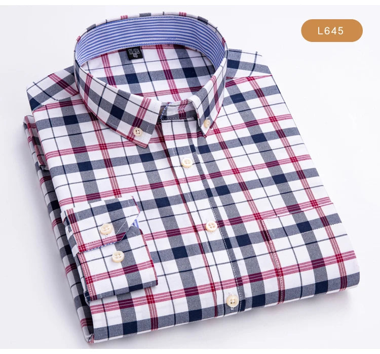 Camisas de vestido de algodão com design de gola de lapela listrada xadrez na moda masculina, camisa casual de manga comprida com botões para primavera/outono