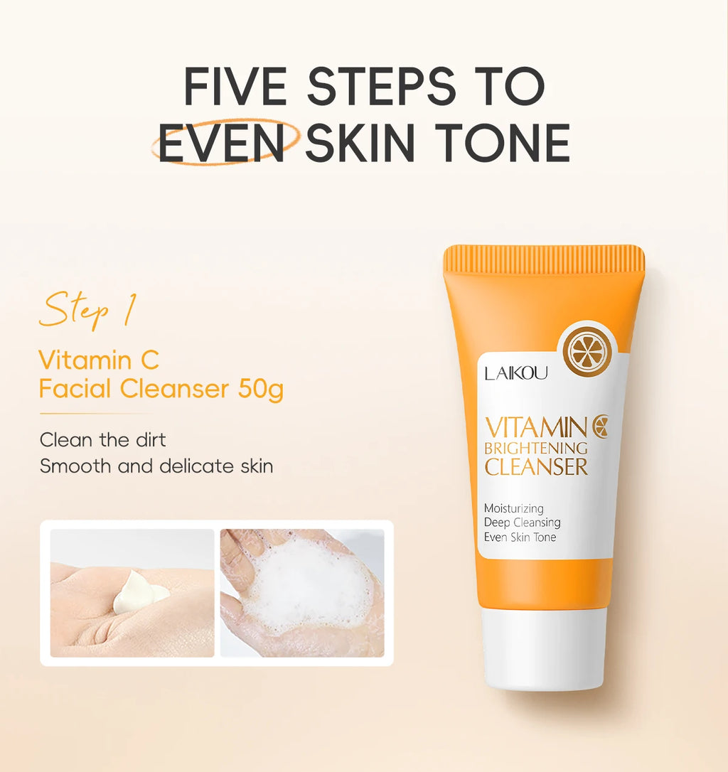 Laikou vitamin c conjunto de cuidados com a pele iluminando 5 pçs kit mesmo tom da pele suave rugas apertar poros limpador toner soro creme para os olhos