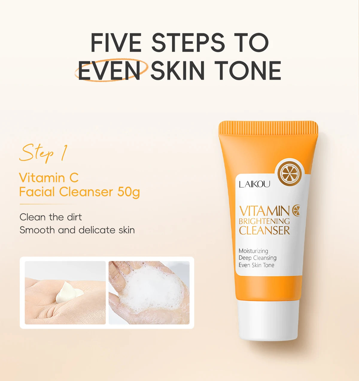Laikou vitamin c conjunto de cuidados com a pele iluminando 5 pçs kit mesmo tom da pele suave rugas apertar poros limpador toner soro creme para os olhos
