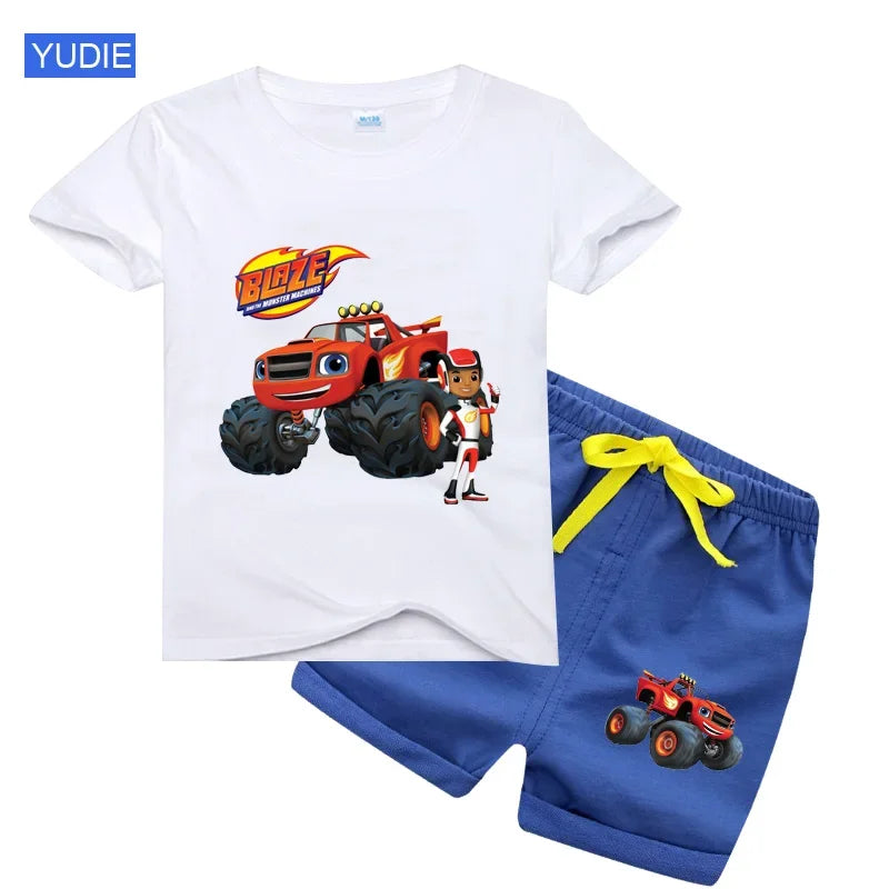 Conjunto de t-shirts e shorts para bebês e meninas, roupas de desenhos animados, velocidade incrível, carros, máquinas monstro, crianças, terno 2pcs, verão