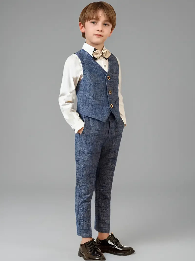 Meninos 5 peças/set jaqueta colete calças broche bowtie fotografia terno crianças formal festa de aniversário casamento smoking conjunto crianças blazer