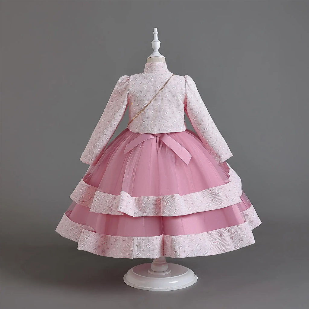 Novo outono/inverno vestido de festa de manga longa elegante menina bordado vestido de desempenho de natal saco de presente para crianças de 3 a 11 anos