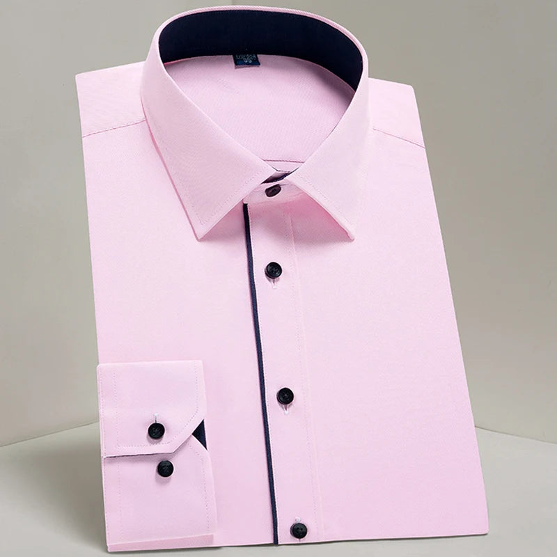 Camisas sociais masculinas clássicas de manga comprida, ajuste padrão, formal, negócios, social, simples, design básico, branco, trabalho, escritório, camisa casual