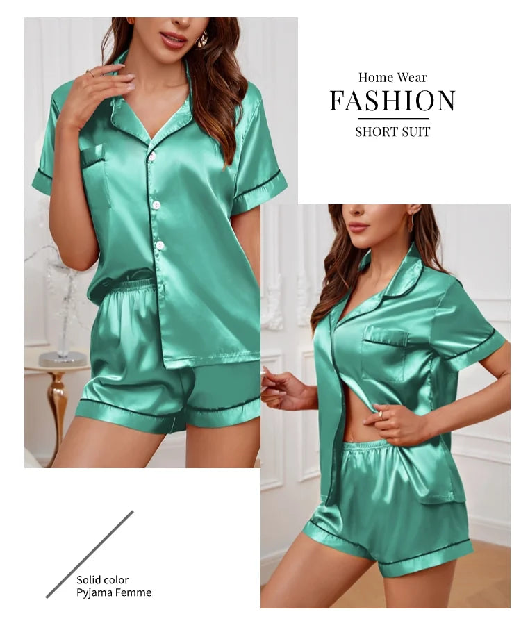 Conjunto pijama cetim feminino, pijama de manga curta, blusa e shorts de lapela, pijama de botão, roupas domésticas