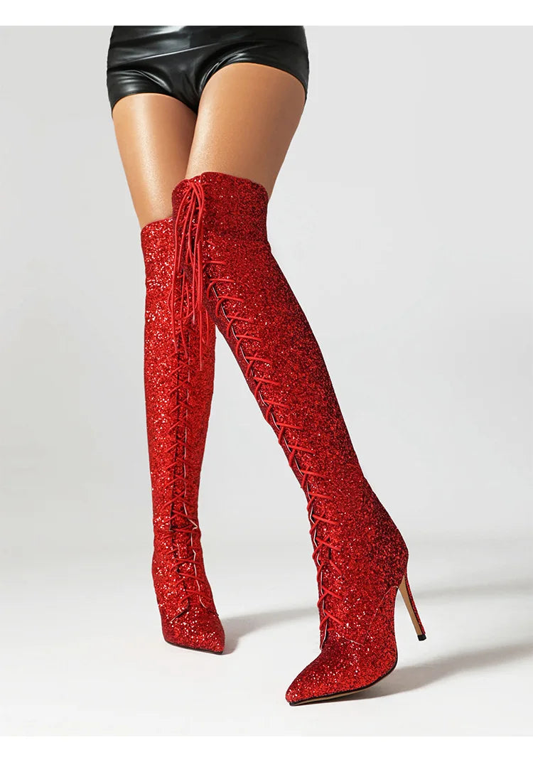 Botas femininas de lantejoulas acima do joelho, salto alto fino, botas longas pontiagudas, sapatos de festa para senhora, moda boate, 10cm, outono e inverno
