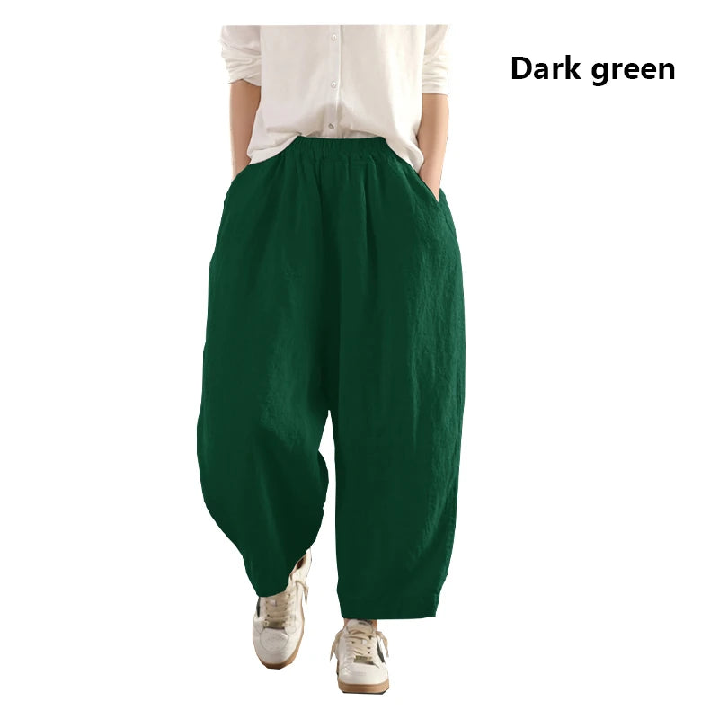 Calças compridas femininas de linho puro natural, estilo solto e retrô, calças largas, roupas de tamanho grande, casuais ao ar livre, confortáveis e legais