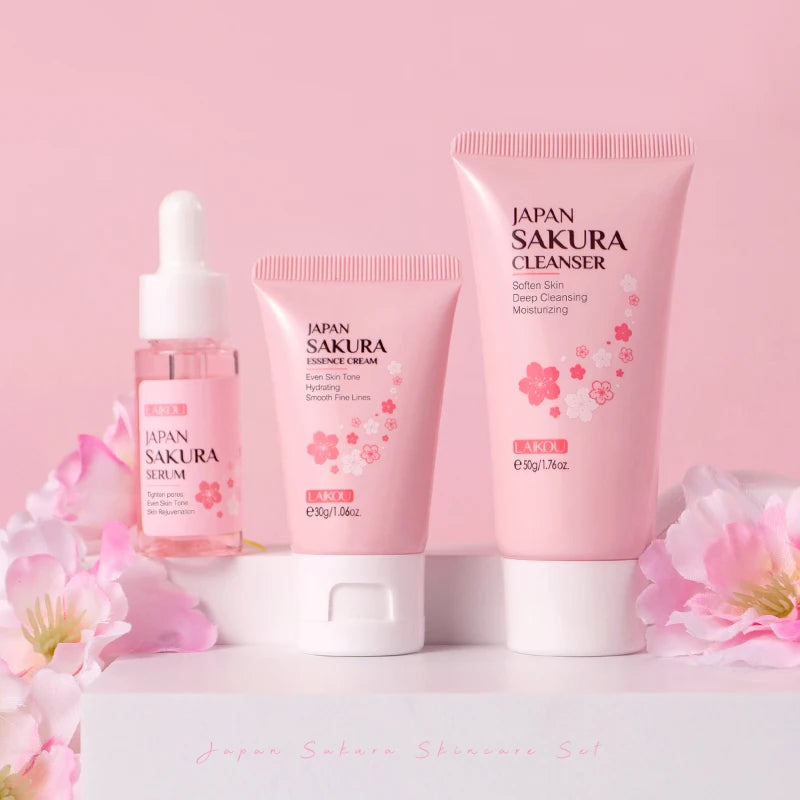 Laikou japão sakura conjunto de cuidados com a pele hidratante anti-envelhecimento kit rugas suavização brilho aumentando kit facial presente conjunto