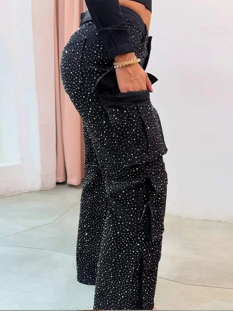 Cpsymym jeans de trabalho feminino com broca brilhante chique vários bolsos botão de cintura alta feminino jean primavera verão y2k senhora streetwear