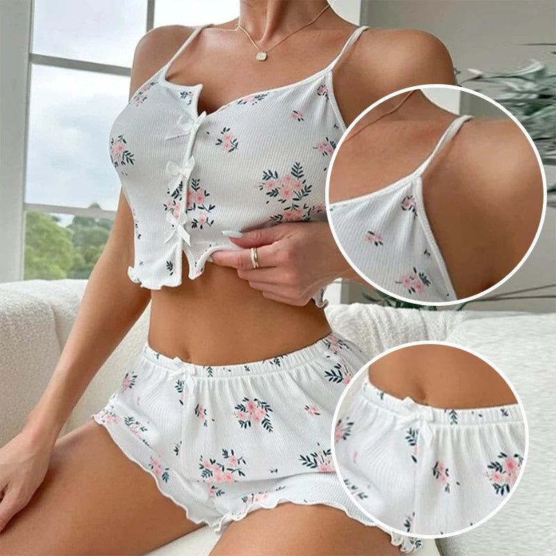 Conjunto de pijama feminino de malha canelada com estampa floral e shorts leves e respiráveis