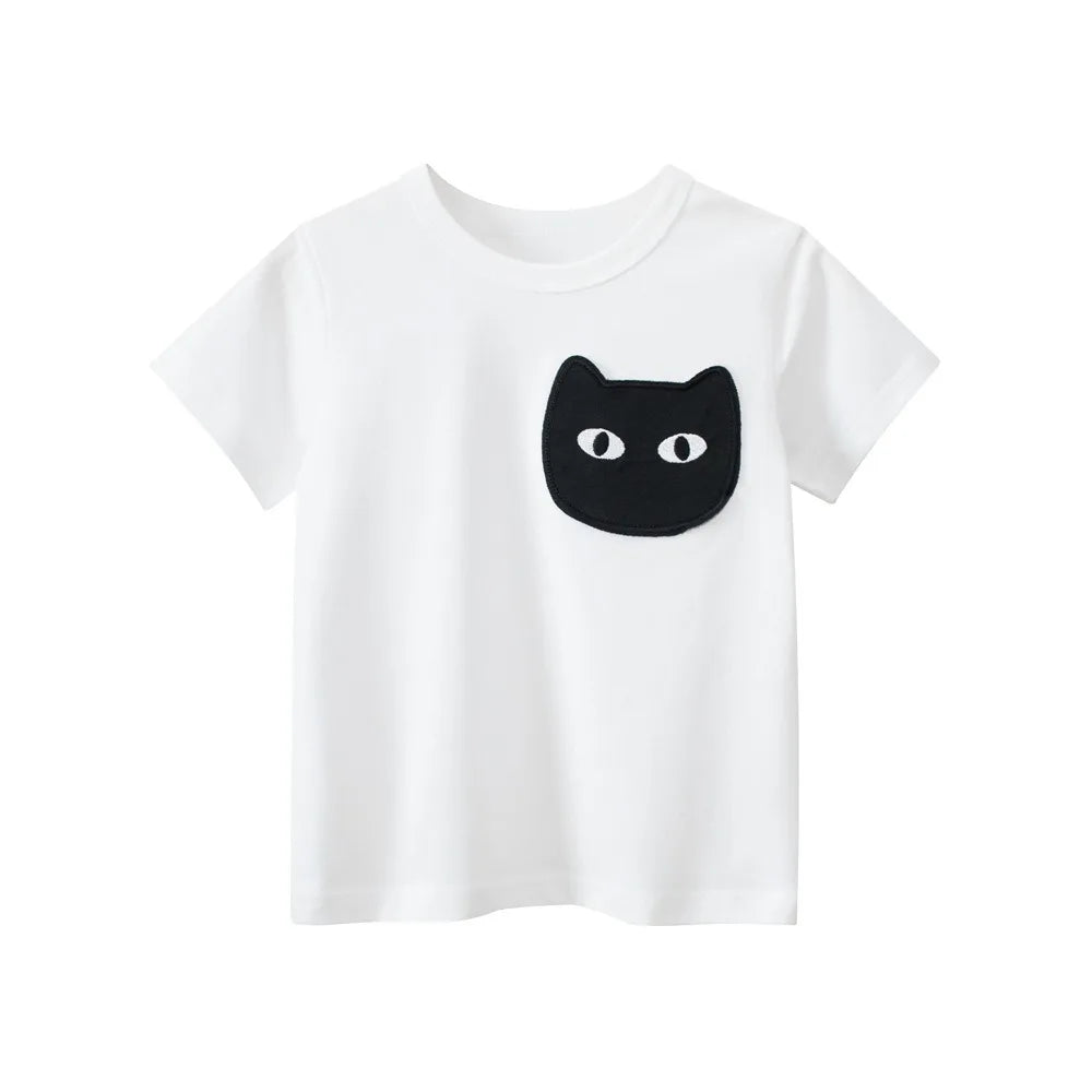 Desenhos animados, Roupas de Meninas, Crianças, Roupas de Verão, 2 Anos, 3 Anos, 4 Anos, 5 Anos, 6 Anos, 7 Anos, Camiseta de Manga Curta, 100% Algodão, Gato Bonito, 8 Anos