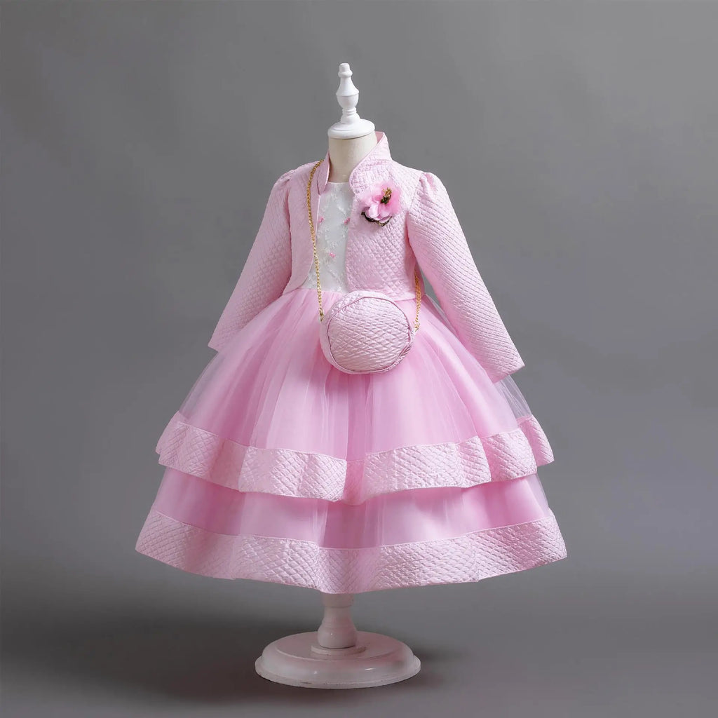 Novo outono/inverno vestido de festa de manga longa elegante menina bordado vestido de desempenho de natal saco de presente para crianças de 3 a 11 anos