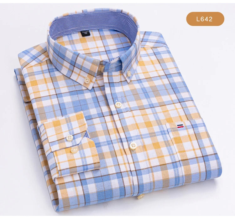Camisas de vestido de algodão com design de gola de lapela listrada xadrez na moda masculina, camisa casual de manga comprida com botões para primavera/outono