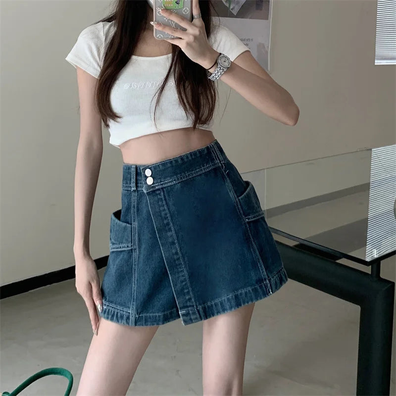 Saia Jeans  Assimétrica de Cintura Alta com Efeito Modelador, Tamanhos andes Fs, Moda Verão 2023