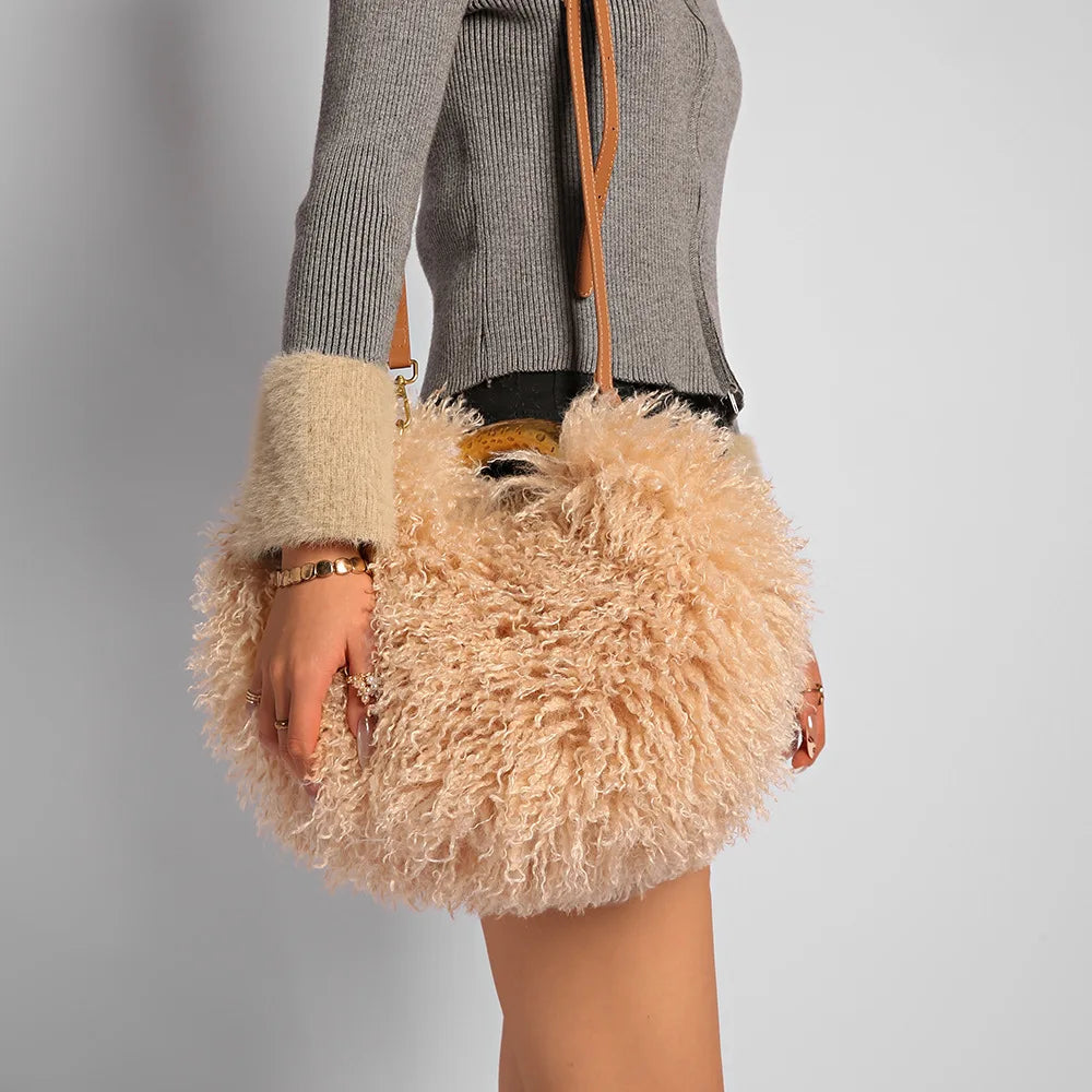 Moda feminina longa pele lã saco praia falso lã pele bolsa de ombro senhoras peles falsas bolsa luxo mongol ovelhas sacos de pelúcia