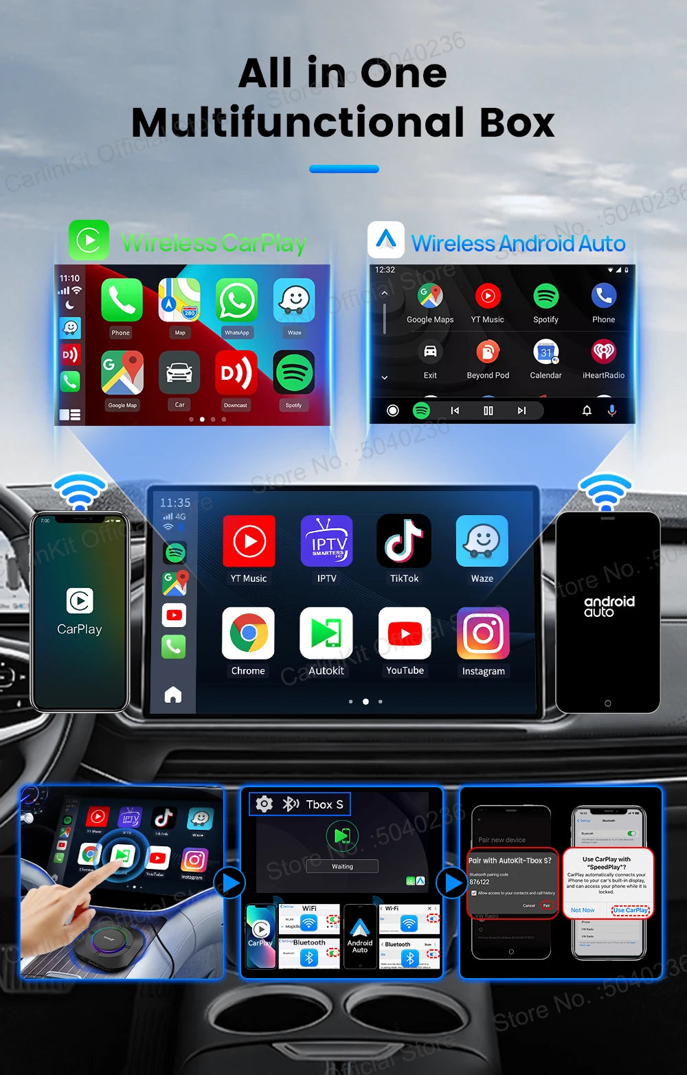 CarlinKit Android 13 LED AI Box Wireless CarPlay Wireless Android Auto Smart Car Multimedia Box Qualcomm 8-Core Chip Cartão SD Expandir para 512 GB Suporte Vídeo Online