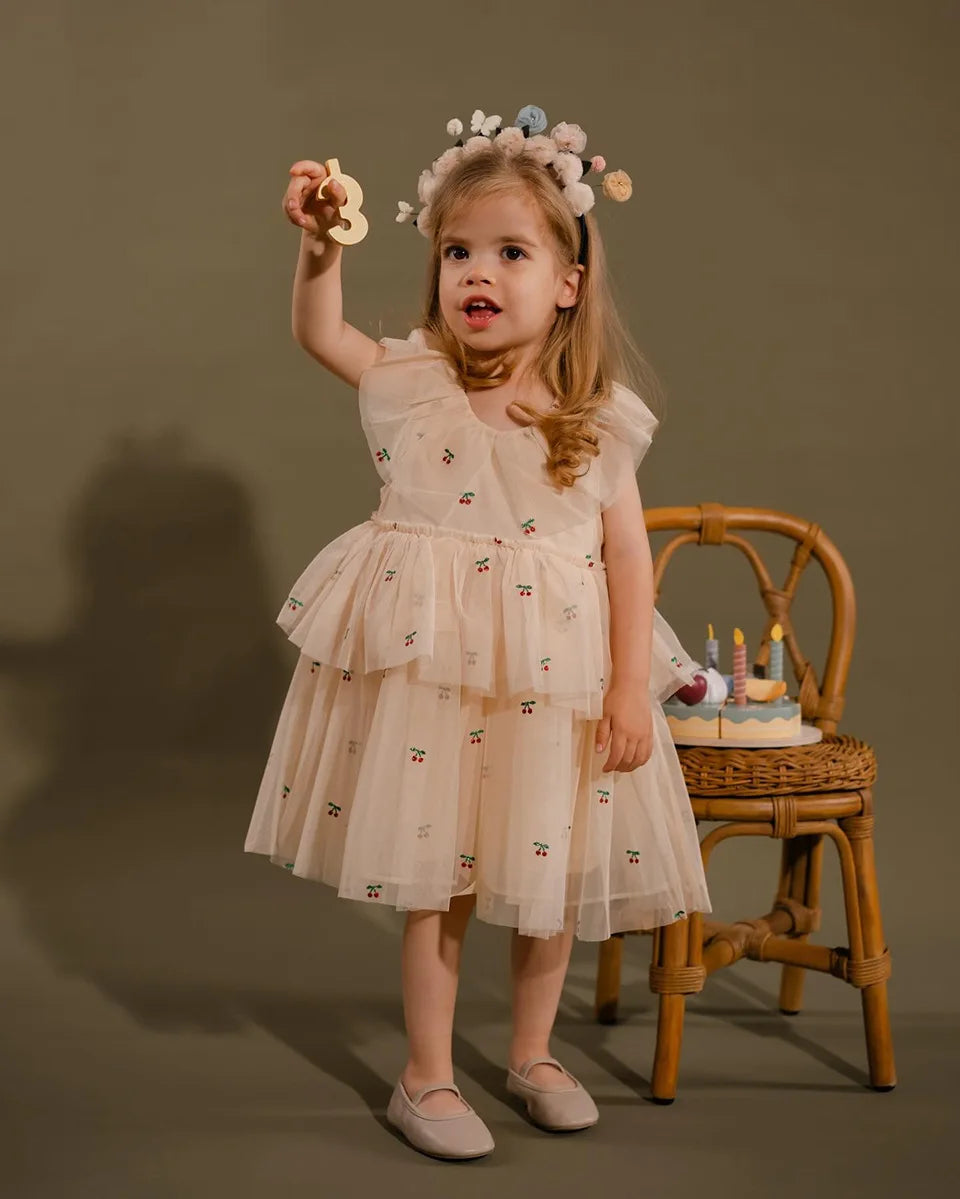 Verão ks bebê meninas cereja malha vestido crianças roupas meninas vestidos de princesa saias festa de natal manga longa vestidos