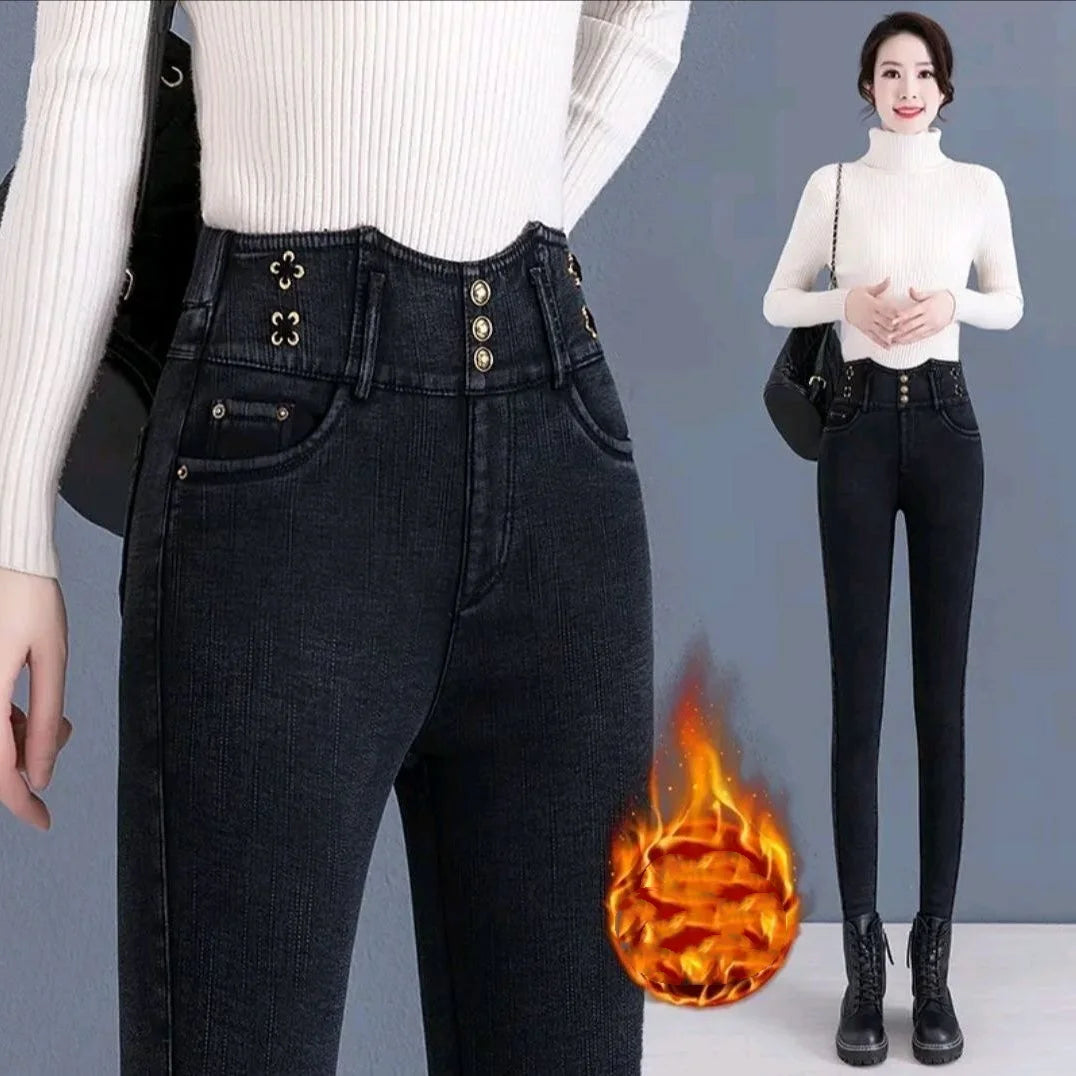 Jeans coreano elástico de cintura alta com pelúcia ártica, zíper de botão monocromático, calça lápis reta preta, moda fina, outono e inverno, nova