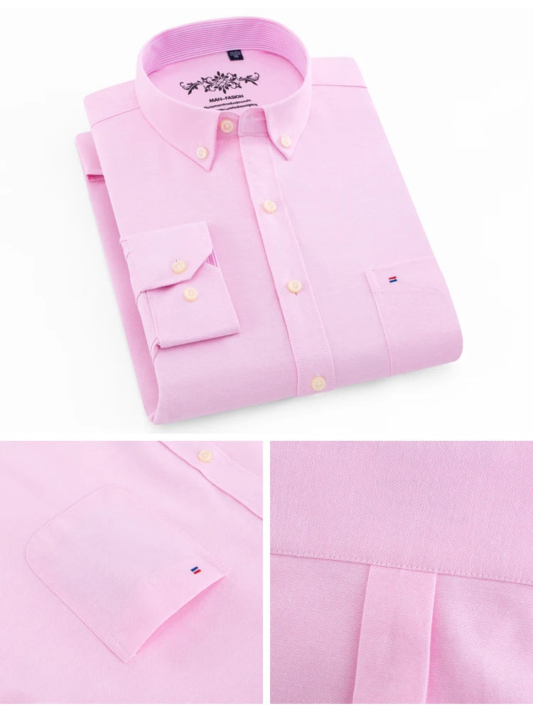 Camisa casual de trabalho listrada xadrez oxford de manga comprida masculina com bolso, camisas de botão de ajuste regular de mistura de algodão primavera outono