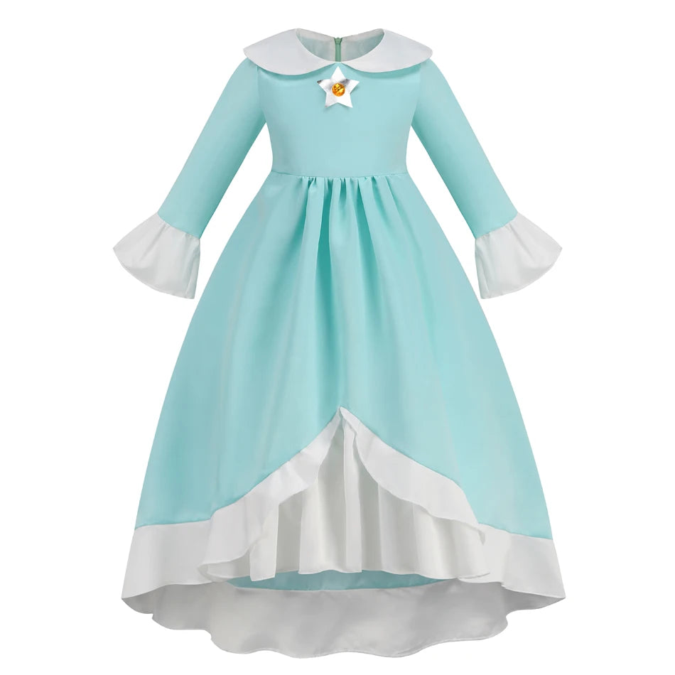 Pêssego rosalina vestido meninas margarida cosplay roupas crianças halloween vestir-se roupas de verão rendas applique princesa traje