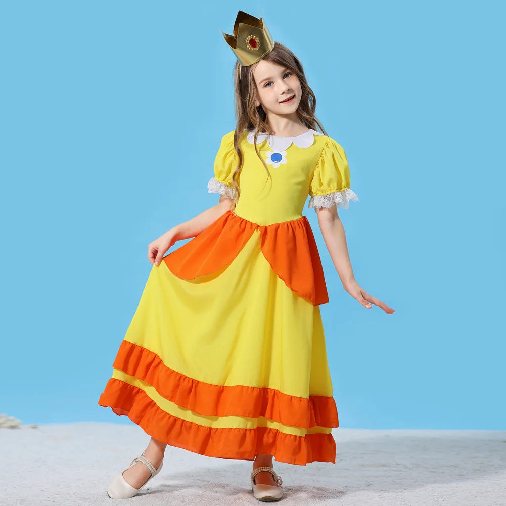 Pêssego rosalina vestido meninas margarida cosplay roupas crianças halloween vestir-se roupas de verão rendas applique princesa traje