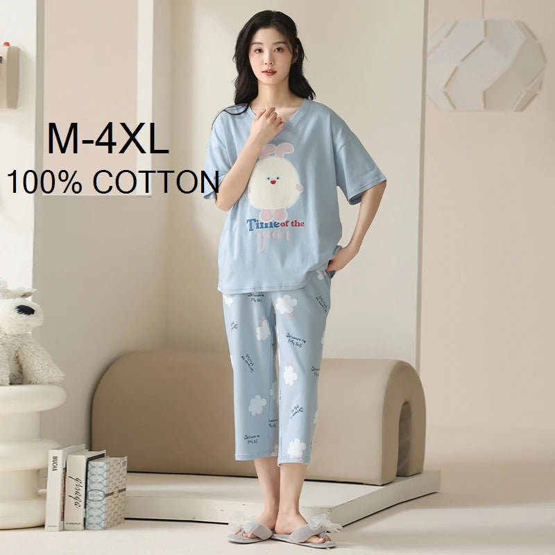 SUKAE-Conjunto de Pijamas dos desenhos animados das mulheres, 100% algodão, calça curta na altura do joelho, pijamas, capris loungewear, pijamas de verão, M-4XL