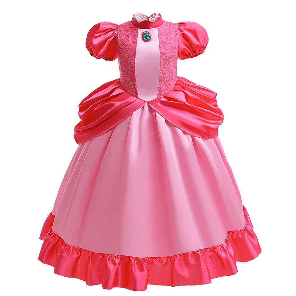 Pêssego rosalina vestido meninas margarida cosplay roupas crianças halloween vestir-se roupas de verão rendas applique princesa traje
