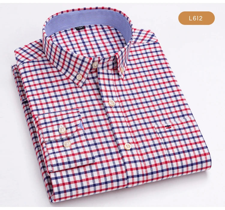 Camisas de vestido de algodão com design de gola de lapela listrada xadrez na moda masculina, camisa casual de manga comprida com botões para primavera/outono