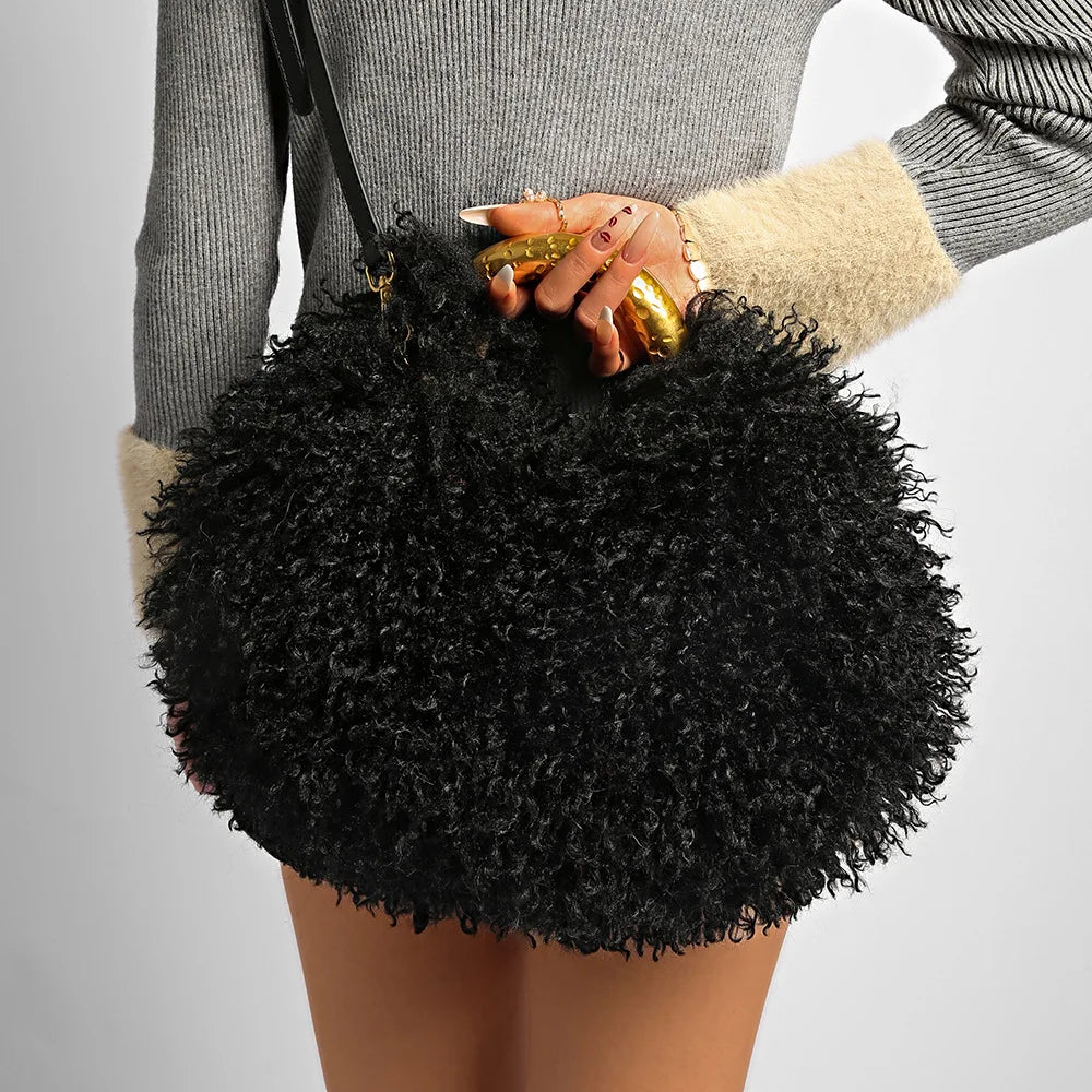 Moda feminina longa pele lã saco praia falso lã pele bolsa de ombro senhoras peles falsas bolsa luxo mongol ovelhas sacos de pelúcia