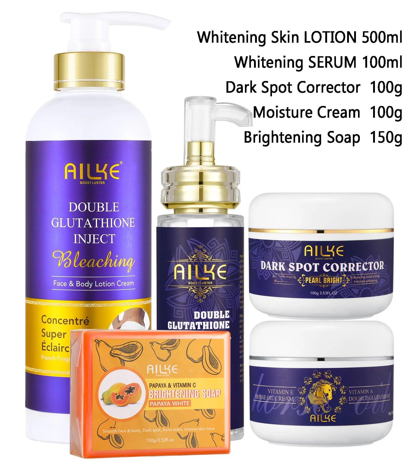 AILKE Clareador de cuidados com a pele, com glutationa dupla, clareador, hidratante, remove manchas escuras, melanina, cuidados faciais brilhantes da pele