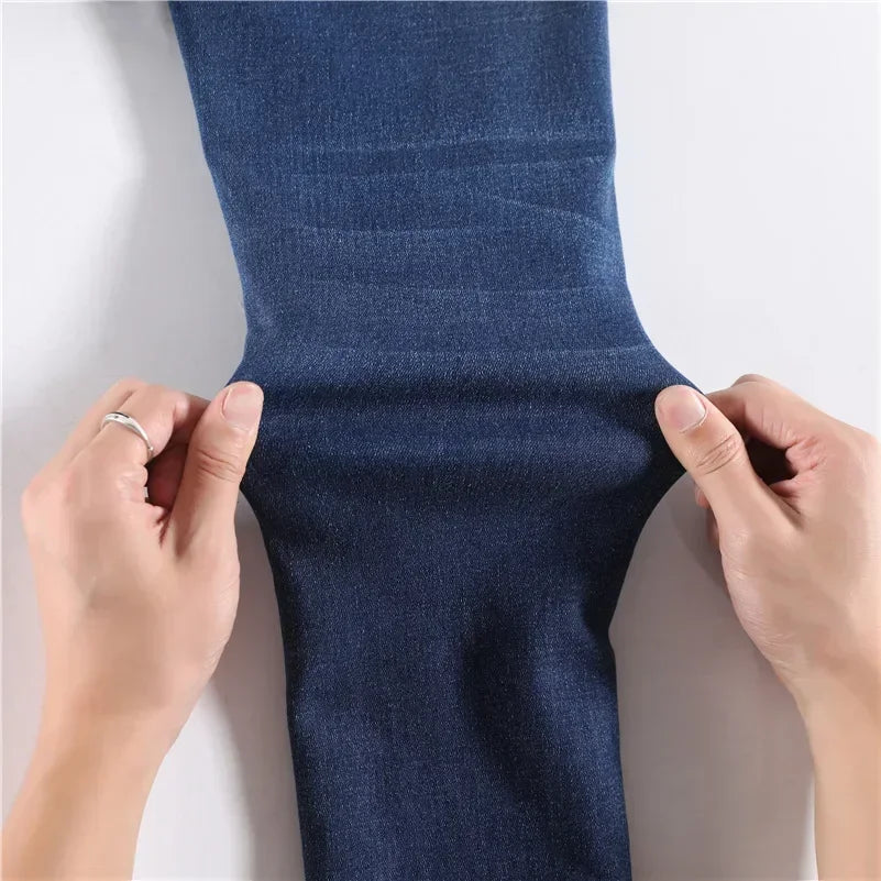 Inverno senhora térmica quente jeans de pelúcia magro estiramento jeans senhora fino ajuste lápis calças meninas perna reta denim