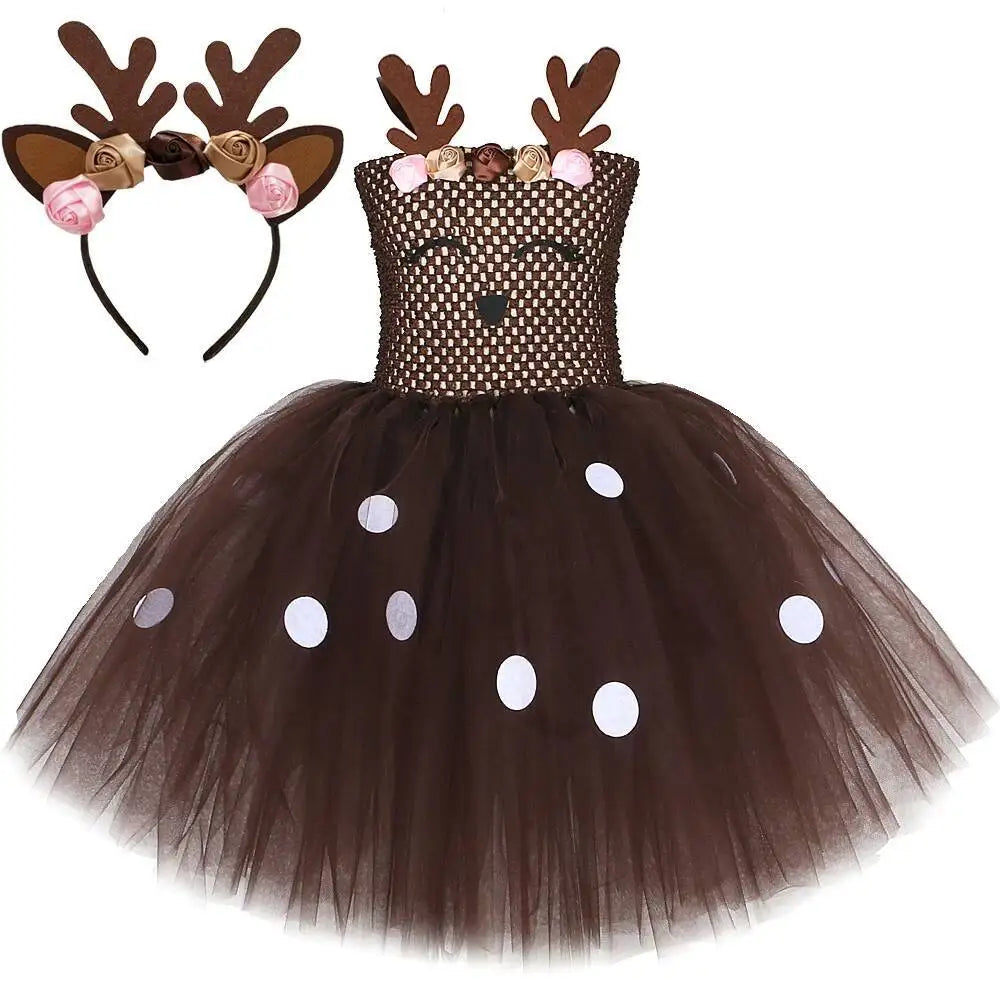 Bebê meninas trajes de veados de natal para crianças flor rena vestidos de princesa crianças natal ano novo ballet tutus outfit com arco