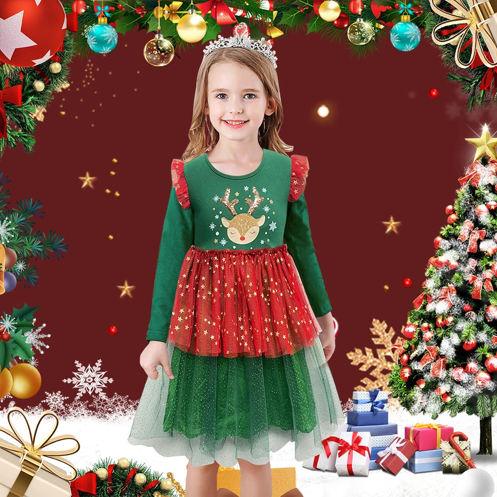 DXTON-Girls' Sequin Elk Dress, Roupa de Criança, Princess Party Dress, Manga Voadora, Inverno, Natal, Ano Novo, Bebé, 2022