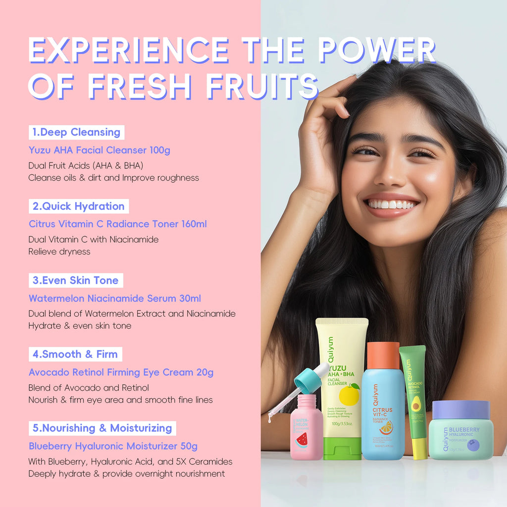 QUIYUM Fruit Fresh Collection Conjunto de cuidados com a pele de 5 peças, brilho, hidratante, anti-idade, cuidados faciais para pele seca e maçante