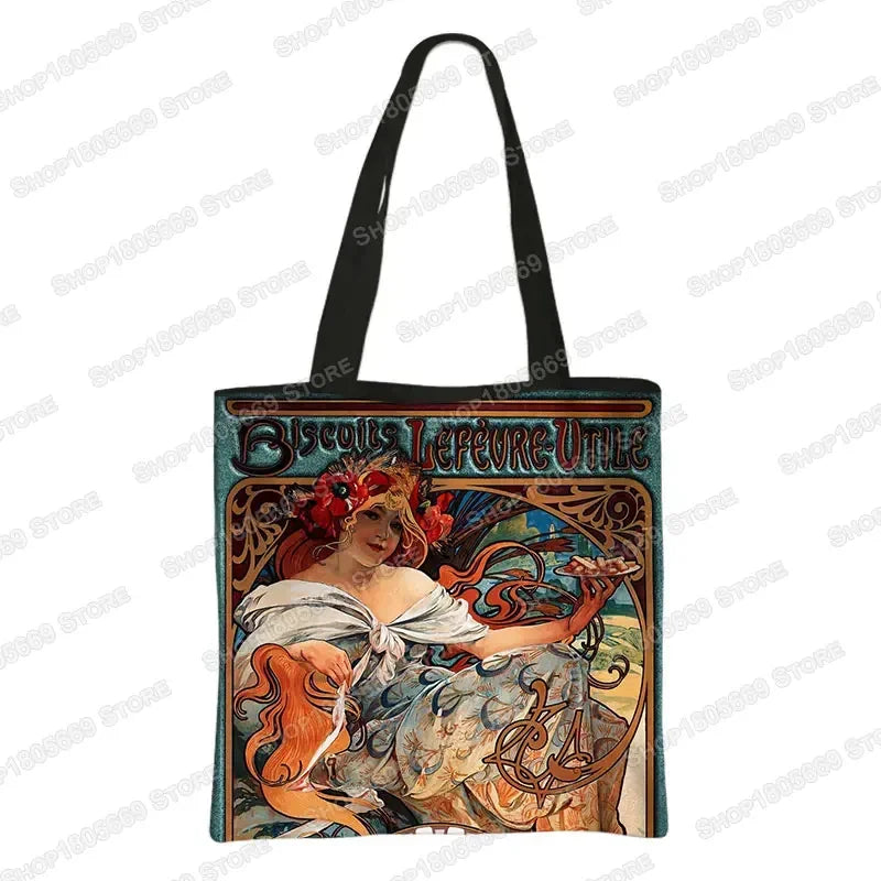 Alphonse Beauty Print Bolsa para Mulheres, Sacos De Compras De Armazenamento Reutilizável, Totes Casuais, Pintura A Óleo, Elegante Senhoras Tote