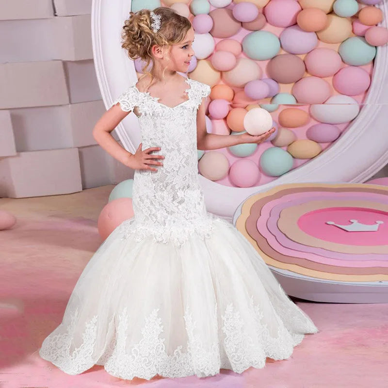 Bebê flor menina vestido crianças rendas longo noite crianças vestidos para casamento bridesmade baile de formatura sereia vestido festa formal vestidos de baile