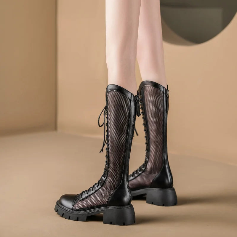 Mulheres verão joelho-alta malha botas altas femininas plataforma respirável malha rendas botas de cavaleiro salto grosso oco longo cavaleiro botas