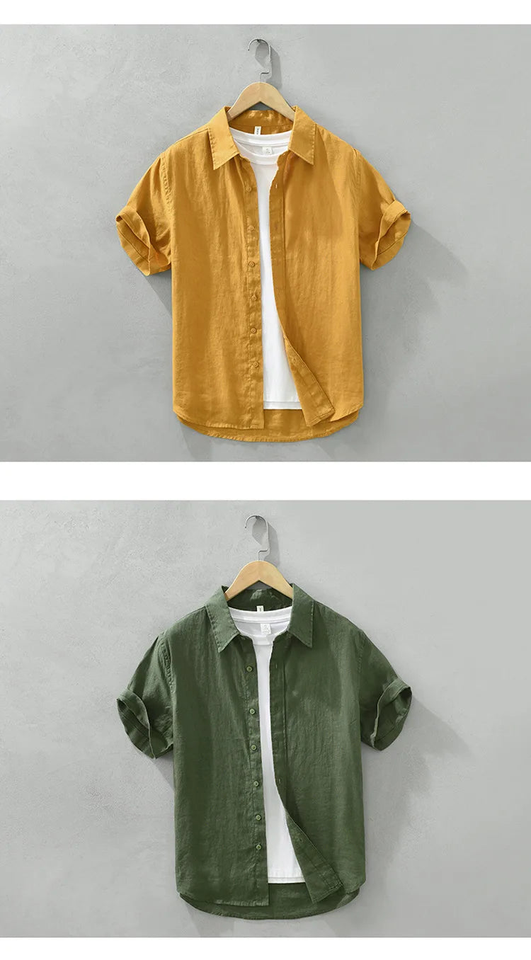 Camisa de linho de manga curta masculina, camisa respirável solta, camisa casual artística, monocromática, verão