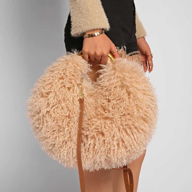 Moda feminina longa pele lã saco praia falso lã pele bolsa de ombro senhoras peles falsas bolsa luxo mongol ovelhas sacos de pelúcia