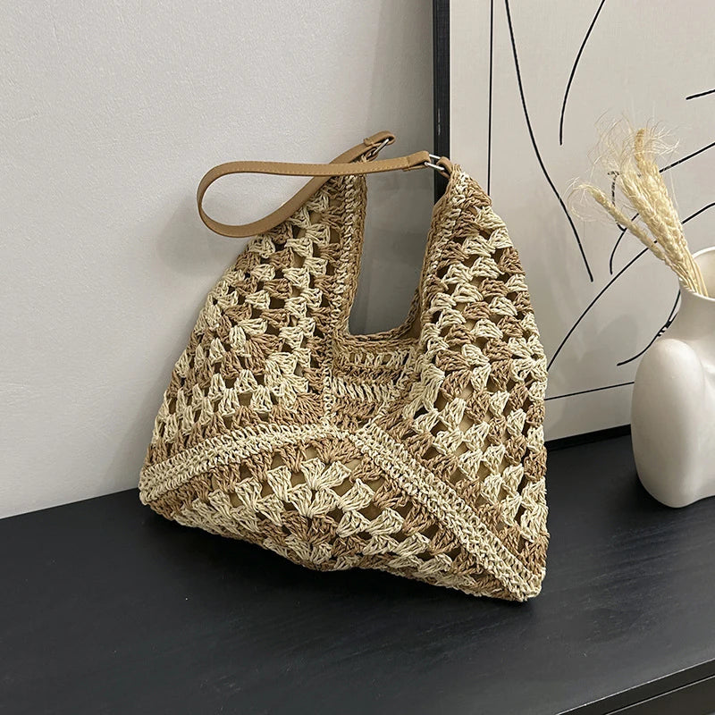 Bolsa de ombro de palha tecida feminina popular bolsa de tamanho médio com alça para férias na praia