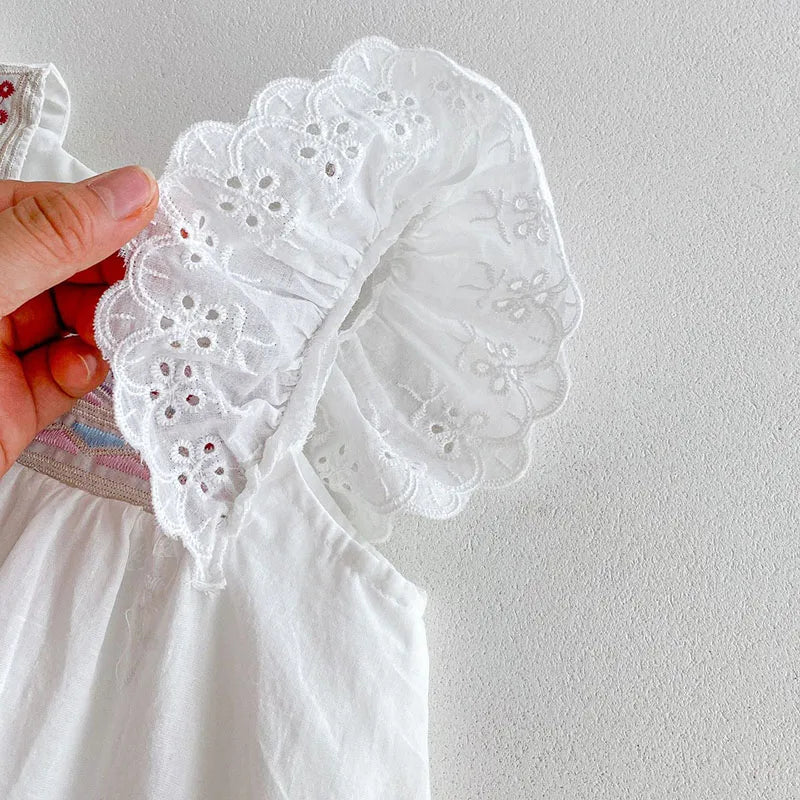 2025 novo verão crianças vestido 2-6 anos crianças vestidos de princesa manga voadora algodão bordado bebê menina vestido de festa irmã roupas