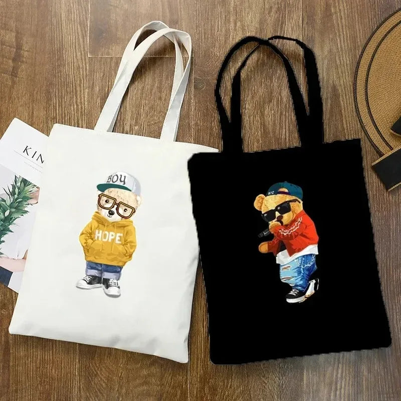 Moda urso impressão eco mulheres sacos de ombro bolsa feminina lona saco de compras casual grandes senhoras viagem totes sacos
