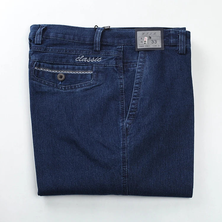 Calça jeans masculina clássica, tamanho 30-45, social, plus size, baggy em algodão, azul, trabalho