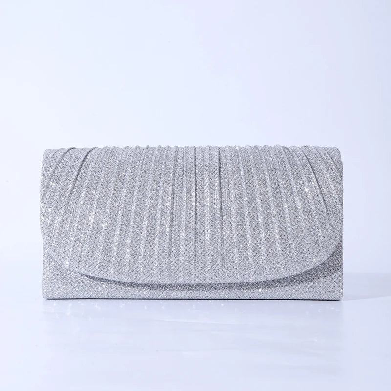 Bolsa de Noite Prateada com Glitter para Mulheres, Elegante e Fashion, Bolsa Longa com Cadeado, Clutch para Casamentos e Festas