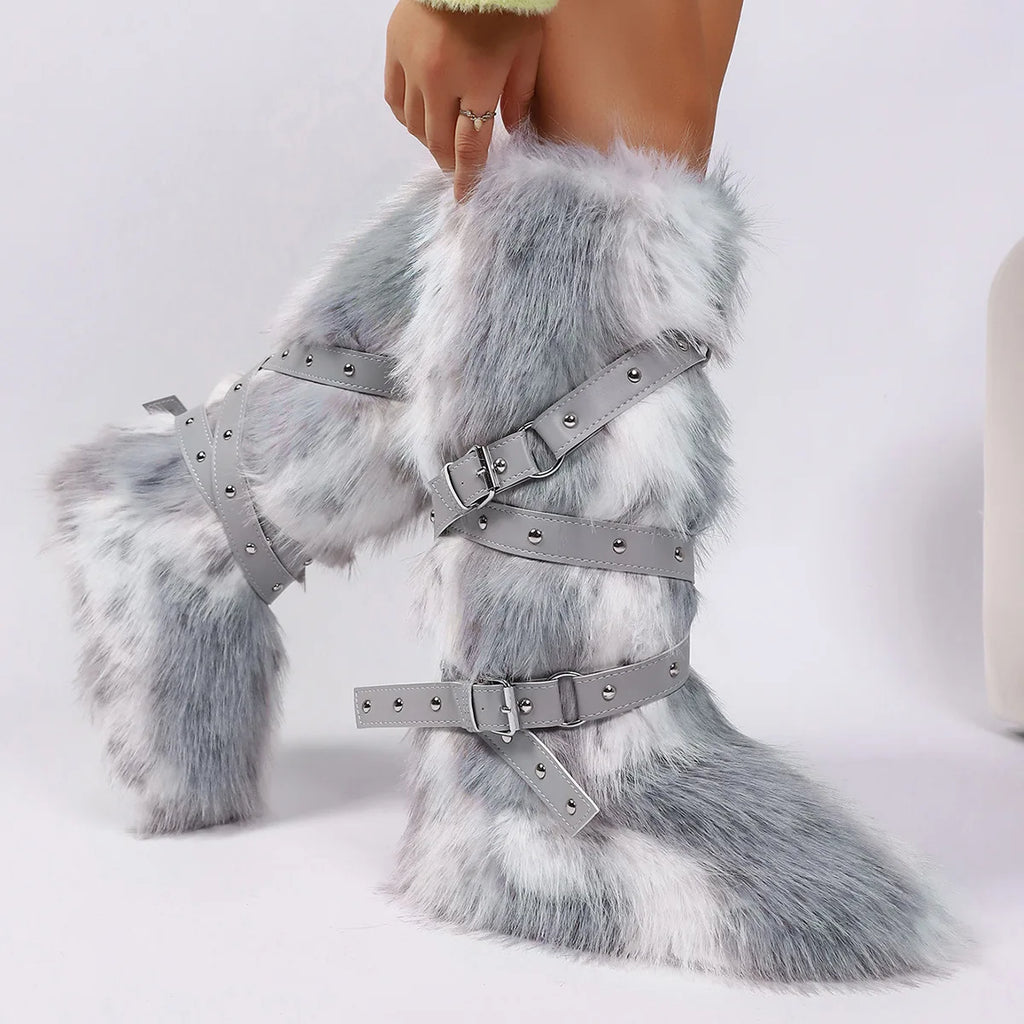 Botas femininas felpudas até o joelho |   Calçado de inverno com detalhes multi-fivela, texturas de leopardo e shearling