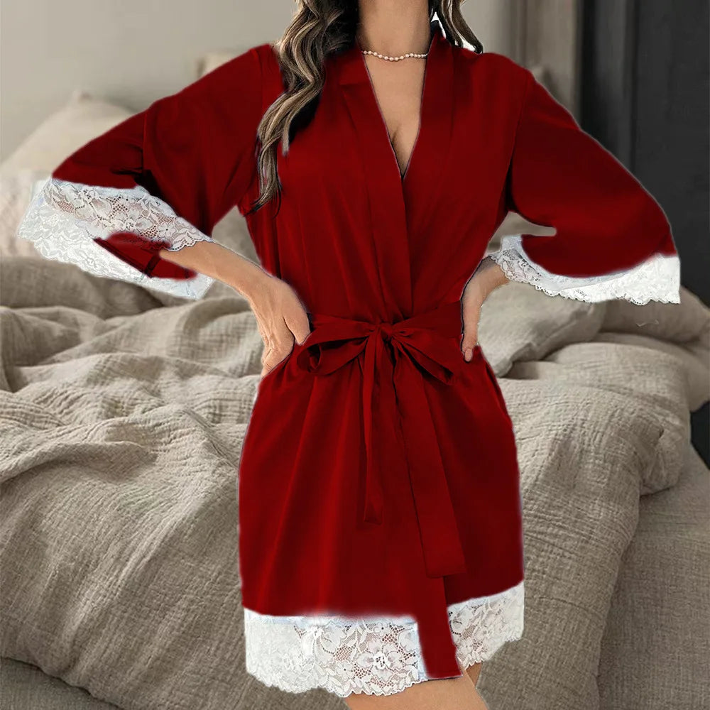 Novo Robe Elegante de Cetim para Mulheres 2025 com Renda, Kimono Curto, Camisola, Decote V, Cinto, Roupa de Noiva, Presente para Madrinhas