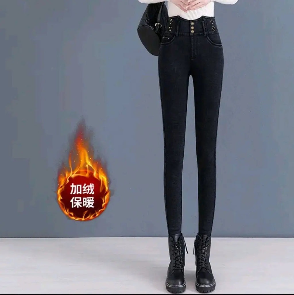 Jeans coreano elástico de cintura alta com pelúcia ártica, zíper de botão monocromático, calça lápis reta preta, moda fina, outono e inverno, nova