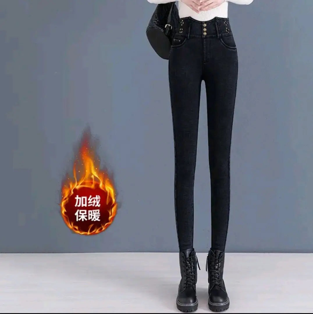 Jeans coreano elástico de cintura alta com pelúcia ártica, zíper de botão monocromático, calça lápis reta preta, moda fina, outono e inverno, nova