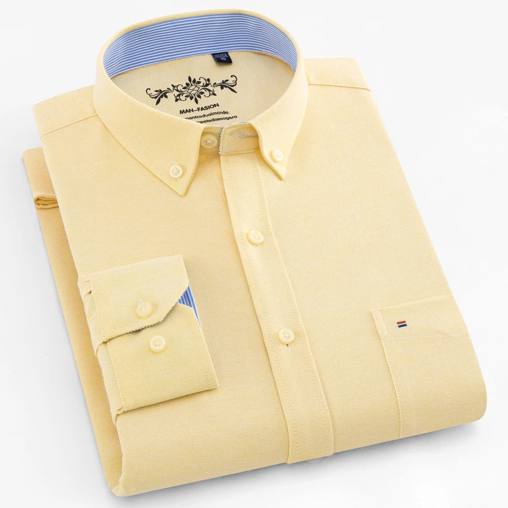 Camisa casual de trabalho listrada xadrez oxford de manga comprida masculina com bolso, camisas de botão de ajuste regular de mistura de algodão primavera outono