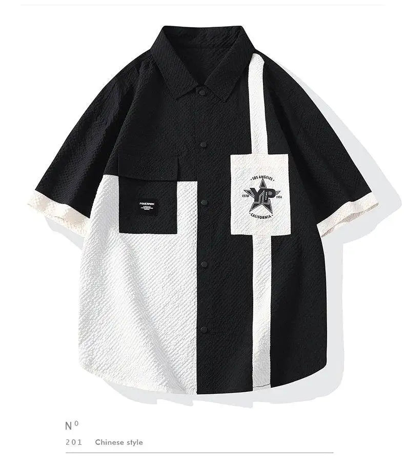 Conjunto Casual Masculino de Linho e Algodão, Camisa de Manga Curta com Colarinho e Calças Largas, Traje de Verão com Bordado Floral